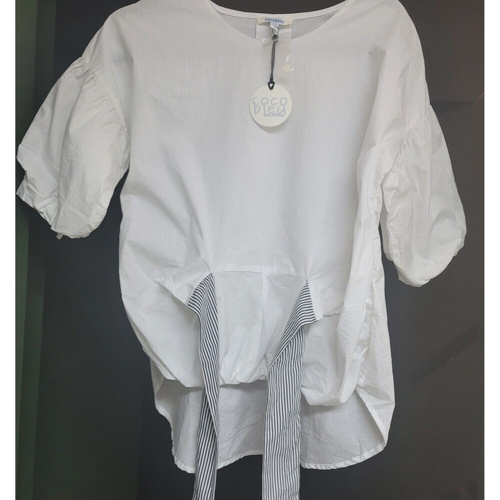 Coco Blue Womens White Cotton Top Short Sleeve Black & White Front Tie Sz S NWT - Picture 3 of 11